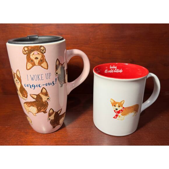 Set of 2 Corgi Travel Mug w/Lid I Woke Up Corgie-ous! & Christmas Corgi Cold Out - Picture 1 of 8